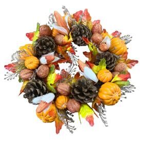 Vintage Plastic Autumn Wreath Corn Walnuts Pumpkins Pine Cones Orange Brown Fall